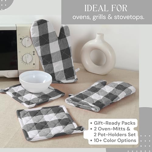 Oven Mitt & Pot Holder Buffalo Plaid Check 100% Cotton Heat Resistant Oven Gloves (7"x13") & Hot Pads (8"x8") Combo for Baking, Cooking - Grey - color: Grey Buffalo Plaid