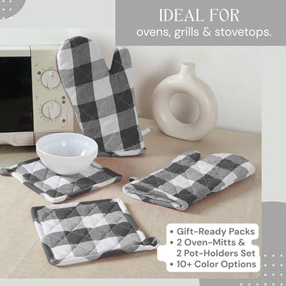 Oven Mitt & Pot Holder Buffalo Plaid Check 100% Cotton Heat Resistant Oven Gloves (7"x13") & Hot Pads (8"x8") Combo for Baking, Cooking - Grey - color: Grey Buffalo Plaid