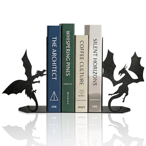 Dragon Metal Bookends for Shelves Heavy Duty Book Ends for Heavy Books | Fantasy Dragon Bookends Stoppers Bookshelf Home Office Desk Bookshelf Decor Gift for Dragon Lovers and Reading Enthusiasts - color: Black Dragon