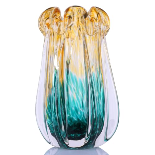 Hand Blown Glass Vase, Amber and Teal Gradient Art Glass Vase with Unique Wavy Rim Design, Handmade Decorative Flower Vase for Living Room Table Centerpiece, Home Decor Gift - color: L-green