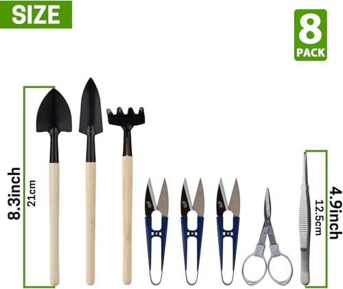 Bonsai Set 8 Pcs, Bonsai Tools Kit, Garden Tools Set | Include Pruner, Fold Scissors, Mini Rake, Bud & Leaf Trimmer Set