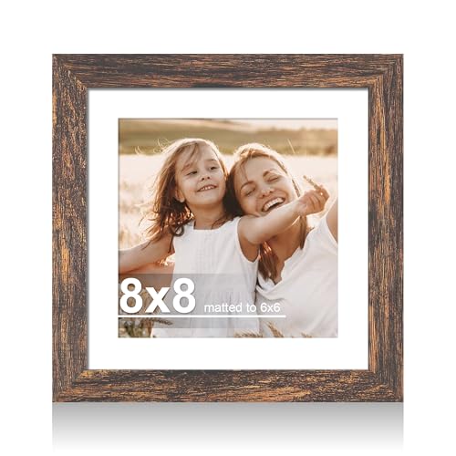 Hongkee 8x8 Picture Frame with Real Glass, Wood Frame 1 Pack(with Mat 6x6) | Rustic Brown, Display 8 x 8 No Mat for Wall and Tabletop for Photos, Artwork; Fits Home, Office & Gallery Wall Decor - color: Rustic Brown, size: 8X8 in