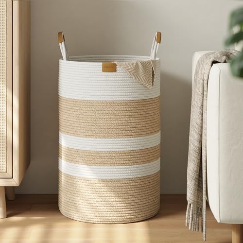 Nunsino 75L Striped Laundry Hamper with Leather Handles,Large Foldable Laundry Basket for Clothes,Cotton Rope Storage Bin for Blankets,Woven Clothes Basket for Bedroom,Beige Stripes - color: Brown&White, size: 75L/19.8Gal