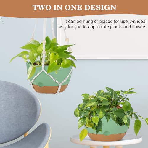 Self Watering Hanging Planter, 3 Pack 10 Inch Macrame Plant Hanger with Flower Pot, Metal Chain, S & Ceiling Hooks, Drainage Holes, Removable Saucer, Hanging Basket for Indoor Outdoor Plants - Green - color: Green