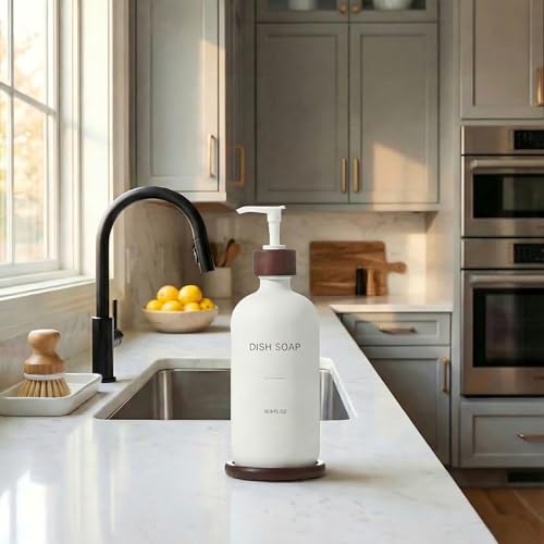 Dish Soap Dispenser, White | Refillable glass pump dispenser for dish soap or hand soap, with matching tray for kitchen sinks and countertops - color: White D*1