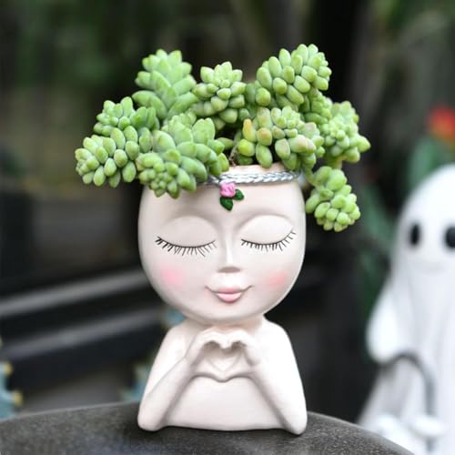 Face Planter Pot with Heart Hands,Unique Resin Head Planter for Indoor Plants Cute S-ucculent Pots with Drainage Hole Unique Decorative Pot for Garden Home Balcony Decor Gift for Women - color: Beige