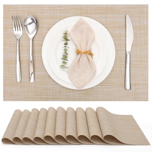 Myir JUN Placemats Set of 10 Kitchen and Dining Table Placemats | Vinyl Placemats Place Mats Indoor/Outdoor Set of 10 Washable Table Mats Non-Slip Place mats for Dining Table, beige - color: A-beige, size: Set of 10