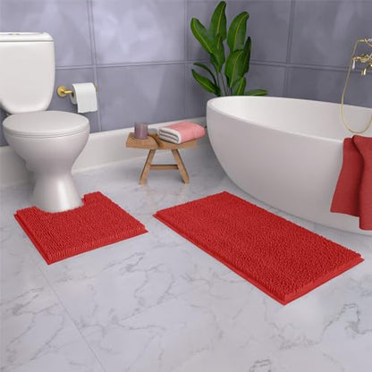 LuxUrux Red Christmas Bathroom Rugs Sets 2 Piece: Quick Dry, Soft Plush Anti-Slip, Super Absorbent. Includes Rectangular (31x20 inches) & U-Shaped Toilet Mat (20x20 inches) | Red - color: Red, size: 2 Piece Set