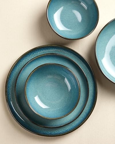 Ceramic Dinnerware Sets for 4, 16pcs Plates and Bowls Sets Dish Set | Stoneware Dishware sets, Microwave & Dishwasher Safe, Cereal Bowls and Dinner Plates Set, Stackable Dishes Set, Green Black - color: Green Black, size: Set (16pcs)