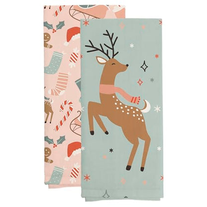 Boston International Dish Towel Set of Two Cotton Tea Towels, 28" x 18", Dancing Deer - color: Dancing Deer