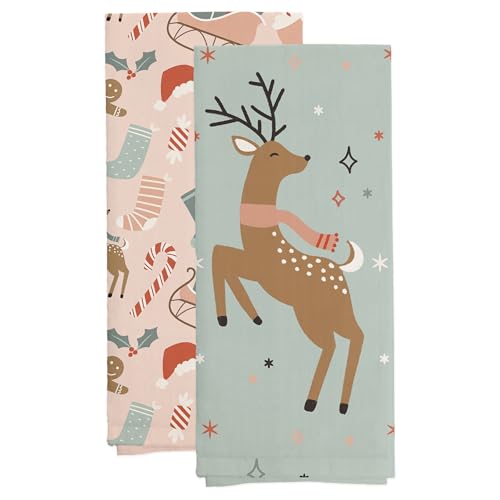 Boston International Dish Towel Set of Two Cotton Tea Towels, 28" x 18", Dancing Deer - color: Dancing Deer