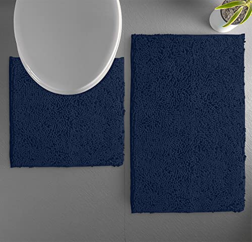 LuxUrux Bathroom Rugs Sets 2 Piece: Quick Dry, Soft Plush Anti-Slip, Super Absorbent. Includes Rectangular (31x20 inches) & U-Shaped Toilet Mat (20x20 inches) | Navy - color: Navy, size: 2 Piece Set