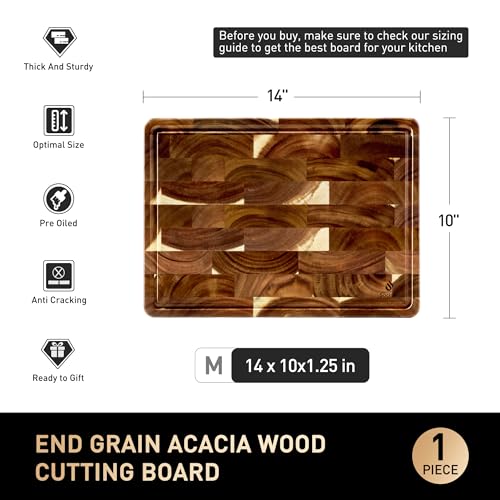 End Grain Cutting Board for Kitchen with Non-slip Feet, Acacia Wood Heavy Duty Checkered Cutting Board Handcrafted Luxury Chopping Board for Cooking and Serving Wooden Butcher Block Non Toxic - size: 14"L x 10"W