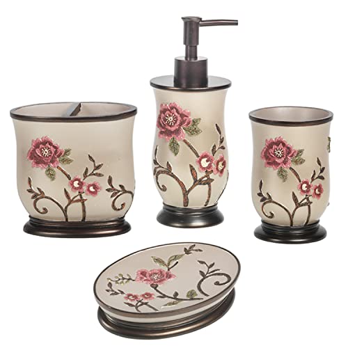 Zahari Home 4pc Larrisa Floral Bathroom Accessories Sets Modern Classic Flower Soap Dispenser, Tumbler, Tooth Brush Holder and Soap Dish Holder Luxury Decor Unique Design Stylish Bathroom Sets - color: Larrisa, style: 4 Piece Set