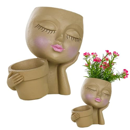 Face Planter Pot, Lady Head Planter with Drainage Holes, Khaki | Dual-compartment lady head planter with drainage holes for succulents, cactus, and air plants - color: Khaki