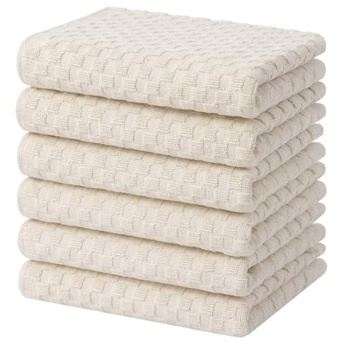 Homaxy 100% Cotton Terry Kitchen Towels(15" x 25", 6 Pack), Beige | Soft and Super Absorbent Dish Towels, 380 GSM Reusable Tea Towel with Hanging Loop, Pineapple Grid Designed - color: Beige, size: 15 x 25 - 6 Pack