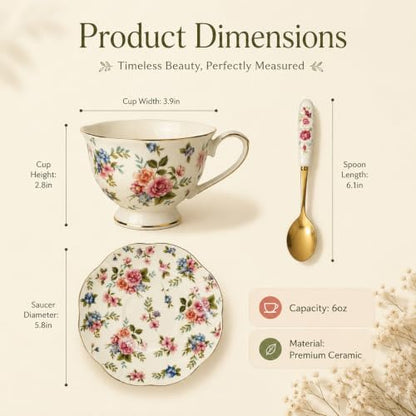 Noviko 6 oz Floral Ceramic Teacup and Saucer Set with Spoon | Set of 1, Afternoon Tea Party Gift for Women, Mom, Bridal Shower, Wedding - color: Multicolor