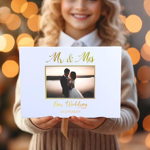Weysat 12x9 Inches Gold Stamping Font Wedding Keepsake Box Cover with Photo Frame, White Wedding Memory Box with Ribbon for Couples Newlyweds Bridal Shower Gifts