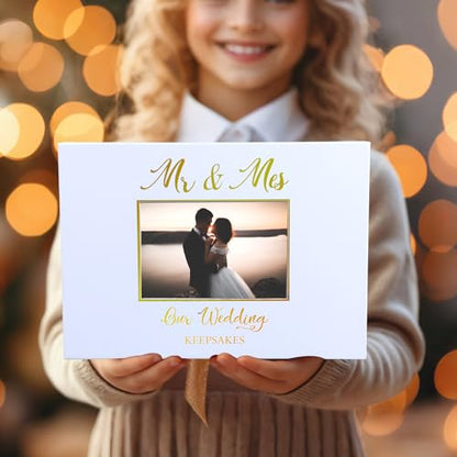 Weysat 12x9 Inches Gold Stamping Font Wedding Keepsake Box Cover with Photo Frame, White Wedding Memory Box with Ribbon for Couples Newlyweds Bridal Shower Gifts