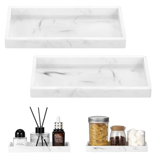 Luxspire 2 Pack Silicone Bathroom Tray 7.9" Vanity Tray, Marble White | Thick slip-proof silicone, dishwasher safe, waterproof, holds soap perfume jewelry for sink vanity decor - color: Marble White, size: 7.87 × 3.94 × 0.79 in