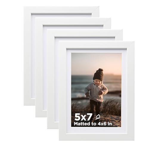 5x7 Picture Frame White Set of 4, Wooden Photo Frames Matted 4x6 with Plexiglass for 4x6 with Mat or 5x7 without Mat for Table and Wall Display - color: White, size: 5x7