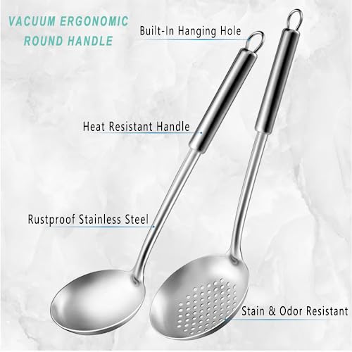 Pleafind 2-Pcs Ladle and Slotted Spoon, Soup Ladle and Strainer Spoons, Stainless Steel Cooking Spoon and Skimmer Spoons, Kitchen Utensils, Wok Utensils for Home and Restaurant, Dishwasher Safe - color: 2P-Grey