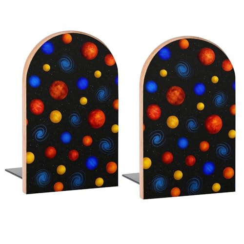 Solar System Planets Space Book Ends Decorative Wood Bookends for Shelves Kids Room Desk Home Office Book Stoppers for Magazines,Books, DVDs, 1 Pair/2 Pieces(5x3.1 in) - color: Planets Space