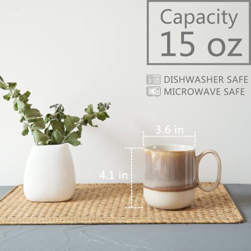 Bosmarlin Ceramic Coffee Mug Set of 4, 15 Oz, Coffee Cups with Big Handle, Microwave and Dishwasher Safe (Brown) - color: Brown