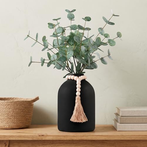 6 Pcs Artificial Eucalyptus Stems in Large Black Vase ,18" Artificial Greenery Stems Centerpieces Fake Eucalyptus Stems 9 in Tall Vase Home Decor Coffee Table Kitchen Table Centerpieces Decor (Black)