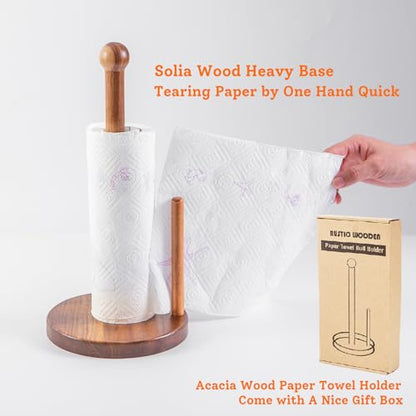 14" Acacia Wooden Paper Towel Holder, Wooden Paper Towel Roll Stand 6.7" Large Heavy Base Organizer Standing, Rustic Farmhouse Paper Towel Holder Stand, Paper Towel Roll Holders Free Standing - color: Double Stick