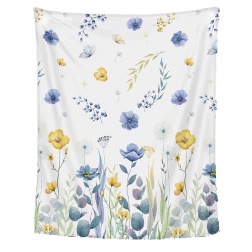 Blue Yellow Floral Blanket Throw 50 x 40 Inch, Watercolor Poppy Flowers Botanical Blanket for Couch Sofa Camping, Soft Cozy Flannel Blanket, Farmhouse Bedding Decor Blankets for Bed Living Room - color: Blue Yellow Floral, size: 50"L x 40"W