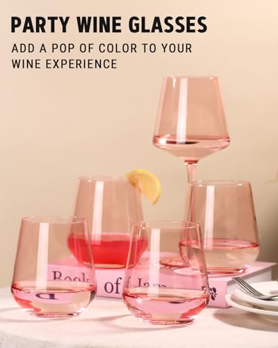 Physkoa Pink Stemless Wine Glasses Set of 6-17 oz Hand-Blown Crystal Pink Glassware with no Stem, Wedding, Birthday Gifts for Women Her Wine Lovers - color: Stemless Pink
