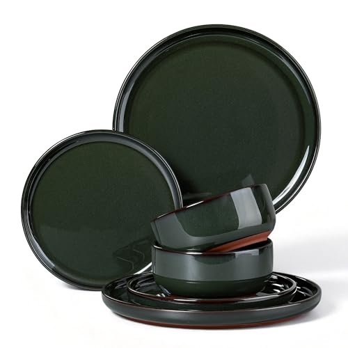 E-far Stoneware Dinnerware Sets for 2, 6 Pieces Reactive Glaze Plates and Bowls Sets, Elegant Dishes with Rustic Terracotta Base, Dishwasher & Microwave Safe, Scratch Resistant, Blackish Green - color: Blackish Green, size: Service for 2