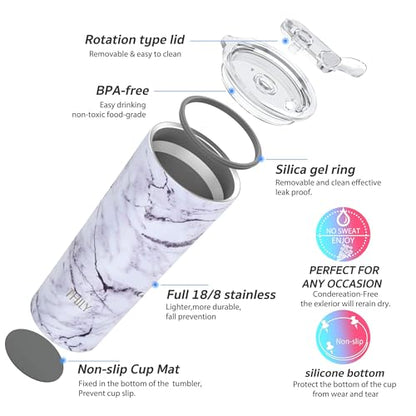 THILY Stainless Steel Vacuum Insulated Tumbler Travel Mug 26 oz Coffee Cup with 2 Lids and Straws, Splash Proof, Keep Ice Drinks Cold, White Marble - color: White Marble, size: 26 Ounce (Pack of 1)