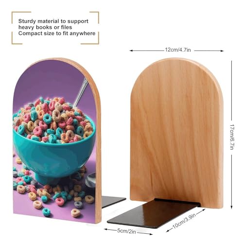 Cereal in Bowl Book Ends for Shelves Heavy Duty Non-Slip Wooden Bookends with Metal Base Modern Decorative Wooden Book Holders Book Stopper for Home Office And Library,Books Shelf Holder Organizer Acc