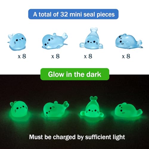 32Pcs Glow in Dark Mini Resin Seal Figurines - 4 Styles Luminous Sea Animals for Terrarium Decor, Fairy Garden, Aquarium, Small Resin Animals with Storage Box
