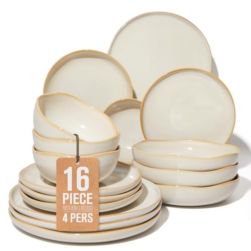 Plates and Bowls Sets, 16 Pieces Dinnerware Set for 4 with Pasta Bowls, Handmade Dishes Set, Chip Resistant Dishware Sets, Microwave Safe Dinner Set, Designed for Interactive Meal, Yellow White - color: Yellow White, size: Set (16pcs)