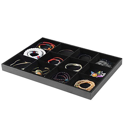 Black Velvet Stackable 12 Grid Jewelry Tray Showcase Display | Organizer Holder Storage Modern Box Case Pad Stackers for Kids Holiday Gifts Valet Closet Decorate Vanity Table Girls Cabinet - color: Black 12 Grid