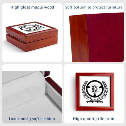 3dRose Laurel wreath, steering wheel, two cars. Charming letter D Jewelry Box 7 x 7 inch with 4 inch tile