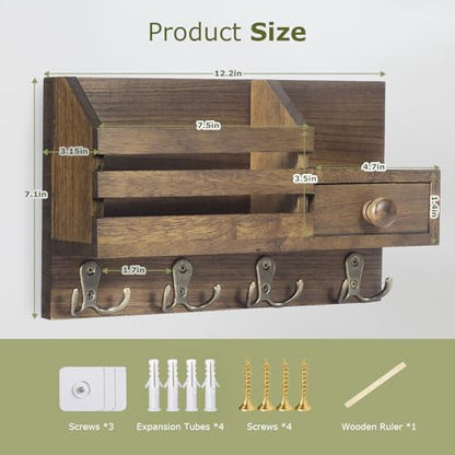 Key Holder Wall Mount, Wooden Key and Mail Organizer, Brown | 2 Mount Options, Includes 8 Hooks, Fence Mail Slot, Small Drawer and Shelf, for Entryway, Hallway, Doorway, Living Room, RV - color: Brown