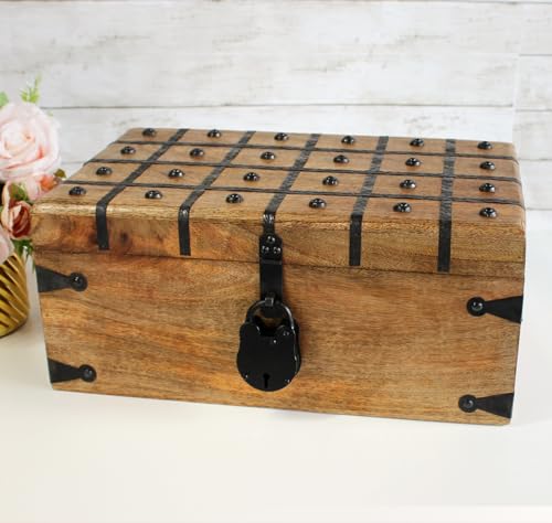 Treasure Chest Wooden Box with Antique Iron Lock and Skeleton Key (X-Large 17x10x7.5) - Storage and Decor – Pirate Wooden Treasure Chest, Decorative Box with Hinged Lid, - size: X-Large 17 x 10 x 7.5"