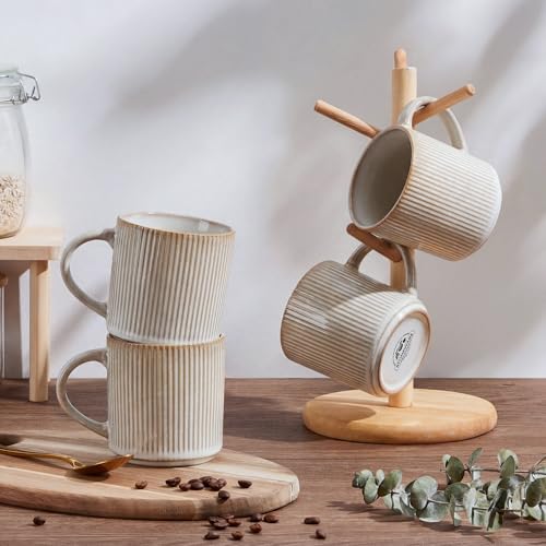 E-far Coffee Mugs Set of 4, 12 oz Stoneware Coffee Cups with Handle for Latte, Tea, Cocoa, Milk, Modern Ribbed Ceramic Mugs for Man Woman, Microwave & Dishwasher Safe, Creamy Beige - color: Creamy Beige