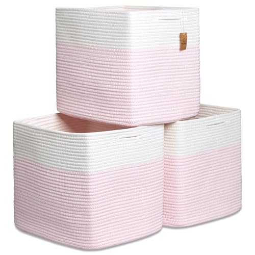 NaturalCozy 13x15x13 Kallax Storage Cubes, 3 Pack | Cotton Rope Cube Storage Bins Woven Baskets for Organizing | Kallax Insert Baskets for Shelves Organizer, Kids Toy, Pantry, Closet, Baby Nursery - color: Off White & Mixed Pink, size: 15 x 13 x 13 (Kalla