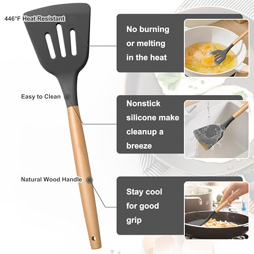 E-far Silicone Cooking Utensils Set, 5-Piece Kitchen Utensils Set with Wooden Handle for Cooking, Silicone Kitchen Nonstick Tools Spatula Turner Slotted Spoons, Nontoxic & Heat Resistant-Gray - color: Gray, size: 5