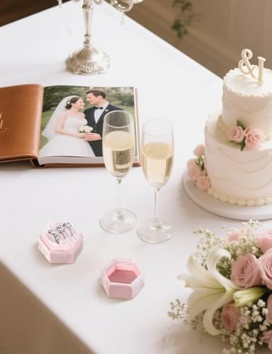 MFXIP Velvet 3 Slots Jewelry Ring Box Engagement Wedding Box Keepsake Box Bridal Photo Ring Triple Slots Hexagon - color: Light Pink
