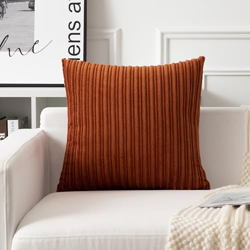 UGASA Fall Velvet 18x18 Inch Soft Throw Pillow Cover Decorative Corduroy Striped Both Sides Solid Square Cushion Case Boho Farmhouse for Couch Bedroom Sofa Home, 1 Piece, Burnt Orange - color: Burnt Orange, size: 18" x 18" (Pack of 1)