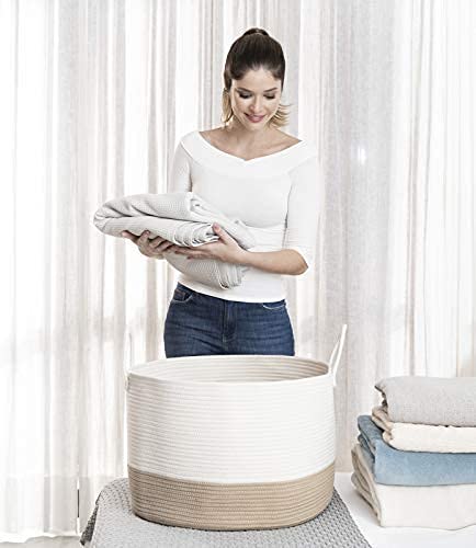 OrganiHaus Round Toy Basket & Blanket Basket, Cotton Rope 20x13" | Honey / Off-White - Round Cotton Rope Basket, 20x13" - color: Honey / Off-White, size: Wide