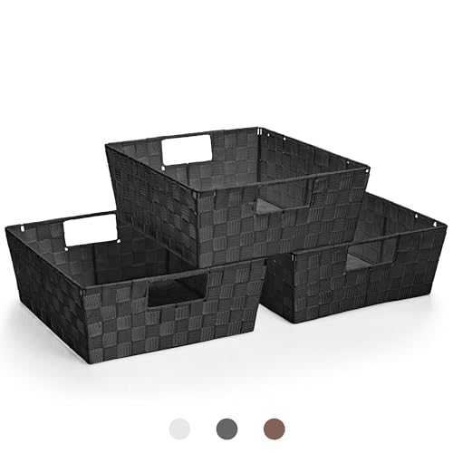 Sorbus Set of 3 Large Woven Storage Baskets – Mesh Hand-Woven Baskets for Organizing, Fabric Storage Bins for Linen Closet Organizer, Storage Baskets for Shelves and Home Organization (Black) - color: Black, size: Set of 3