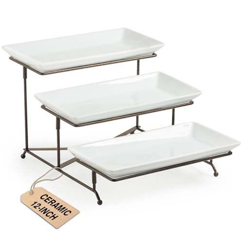 LAUCHUH 3 Tier Serving Tray for Party, Porcelain Tiered Serving Tray Stand | Serving Platter with Collapsible Sturdier Metal Rack Fruit Tray with 2 Cross Bars for Thanksgiving Day, 12 Inch, Bronze - color: Bronze, size: 12 Inch