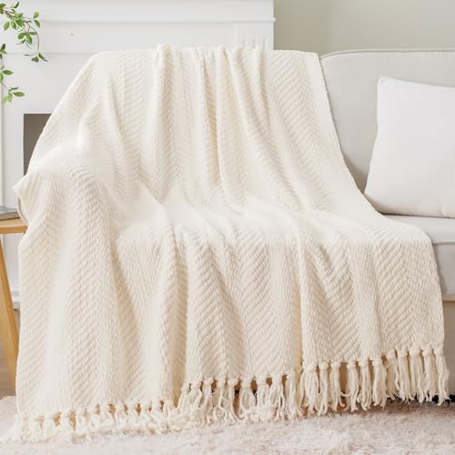 BATTILO HOME Cream Ivory Throw Blanket for Couch, 60"x80" | Textured Knitted Throw Blanket with Tassels, Couch Cover Blanket Warm Decorative White Throw Blankets for Sofa Living Room - color: Cream, size: 60"x80"